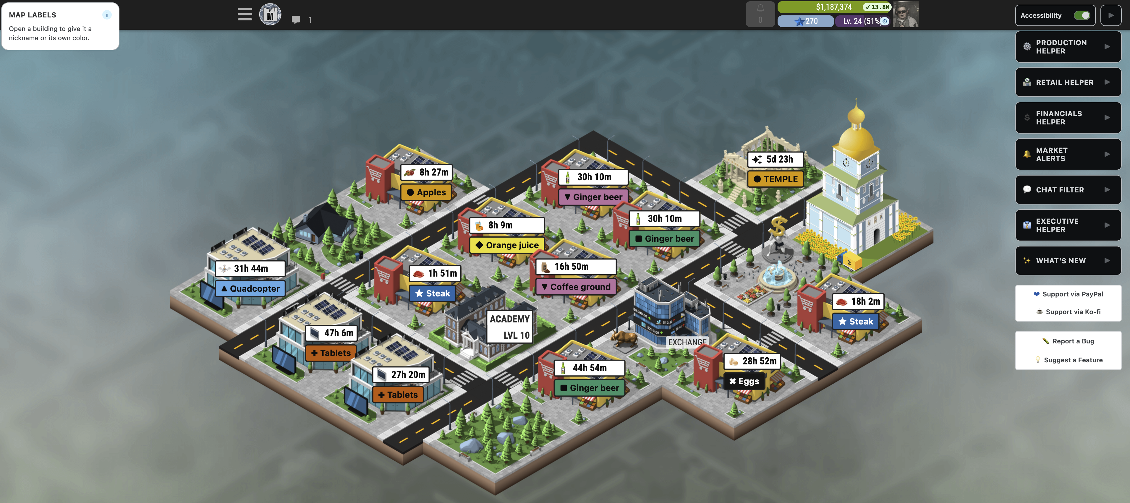 Map with large product labels, colors and shapes on every building, the Map labels panel on the left and the Accessibility switch on the right