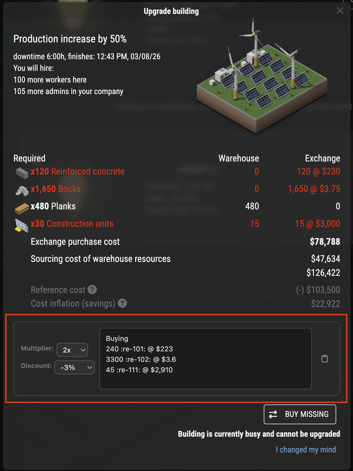 Building upgrade buy message generator